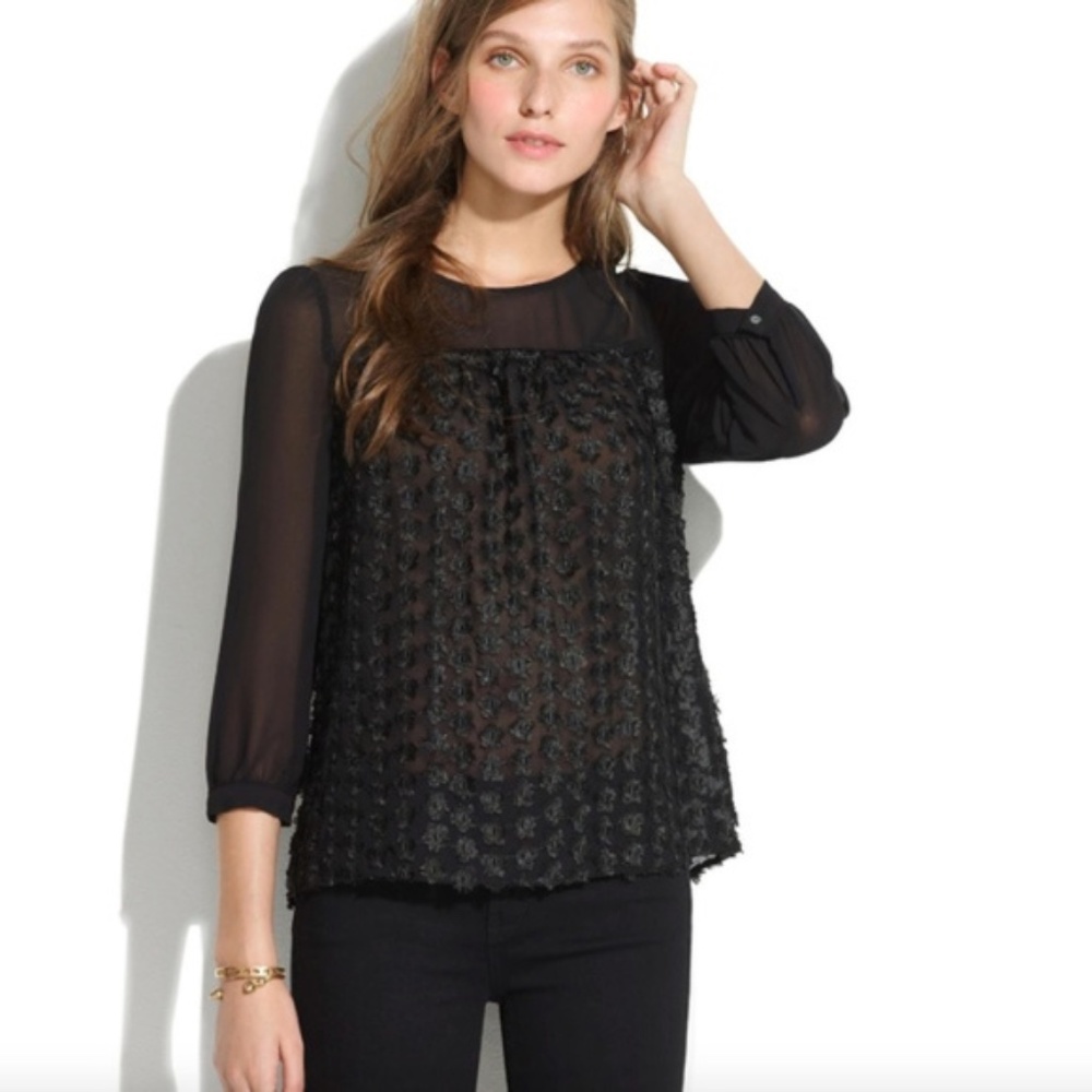 Madewell Sheer Flower Fringe Blouse Top Black 3D Flowers Women’s Size Small